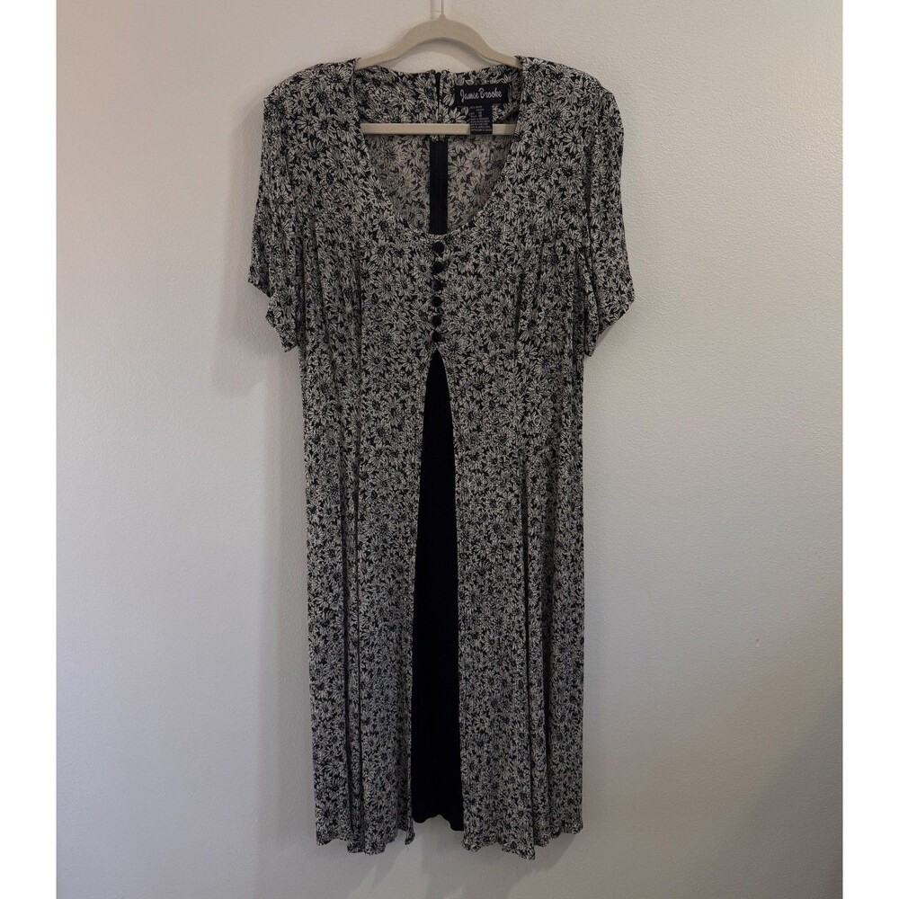 Vintage 90s Jamie Brooke Shirt Dress 18 Sunflower Black White Midi Pleated